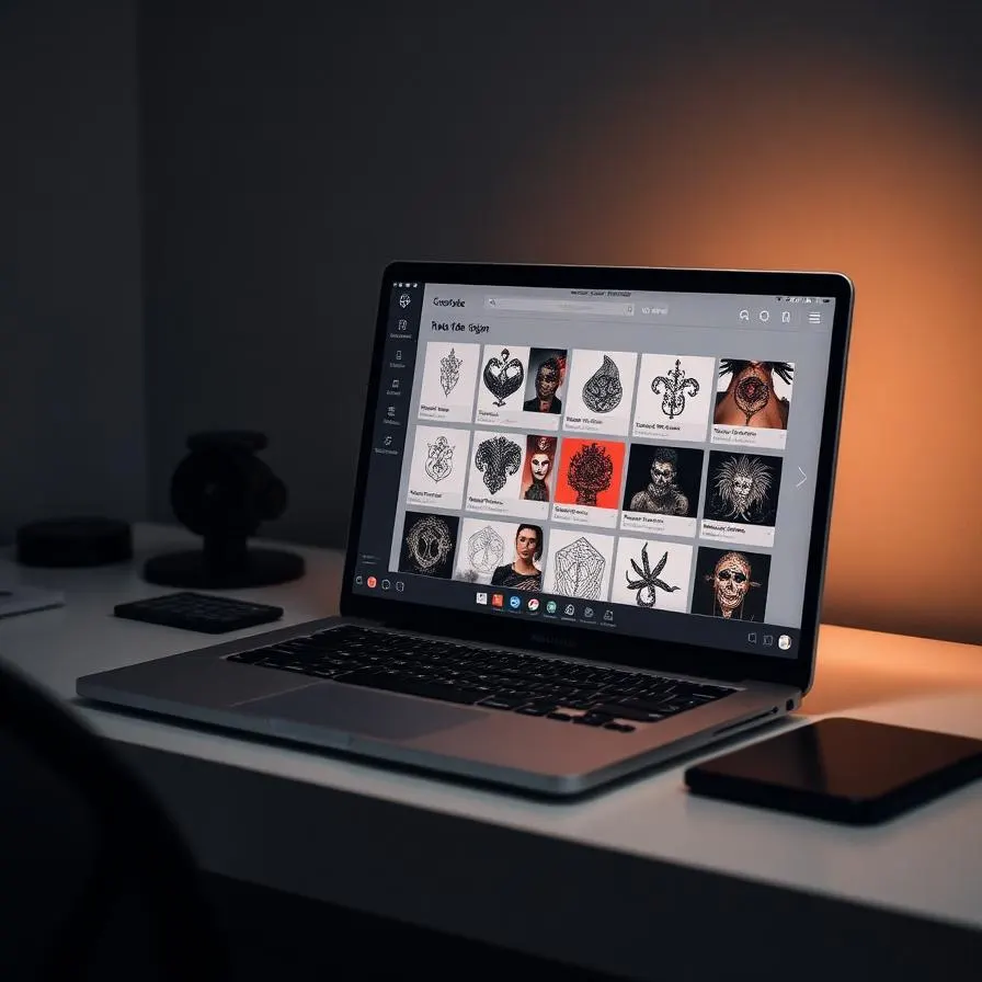 A laptop displaying an AI tattoo generator interface with a grid of tattoo thumbnails in different styles.