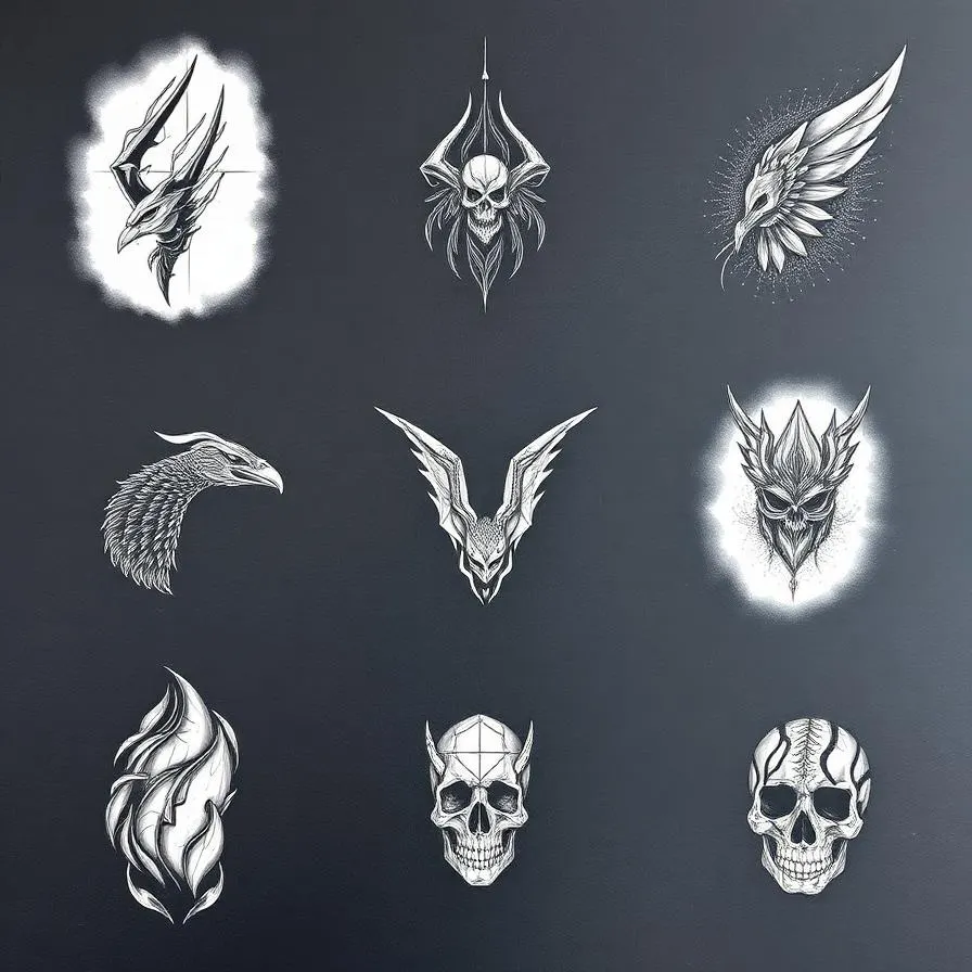A grid of nine diverse AI-generated tattoo concepts on dark background, showing style variety.