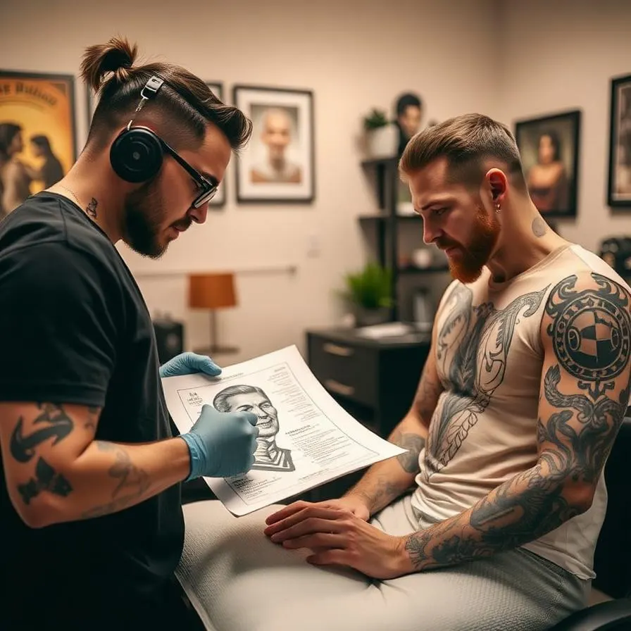 A tattoo artist reviewing a printed AI-generated design with a client at a modern studio.