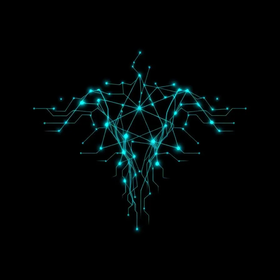 A glowing cyan neural network forming the silhouette of a tattoo design on black background.