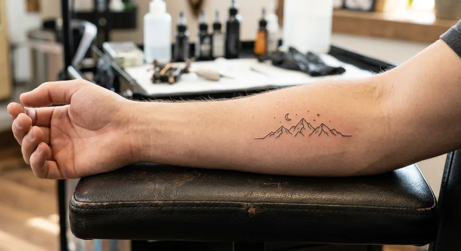 Tiny, single-line mountain range outline tattoo on a forearm. The blackwork piece is delicate and minimalist.