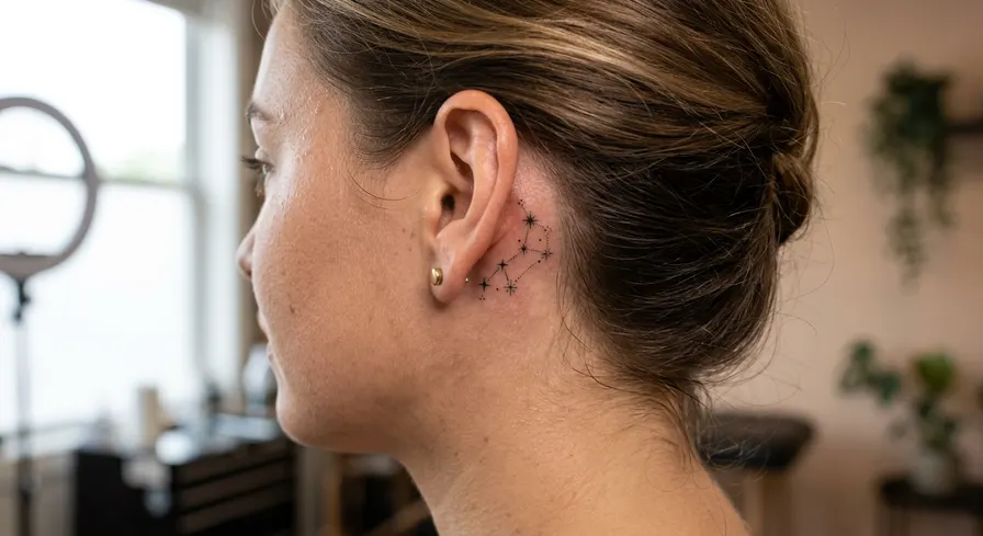 A small star constellation tattoo behind the ear. The design is created with fine lines and delicate dotwork.