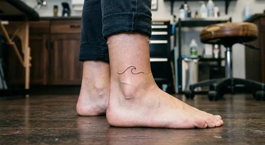 Minimalist single-line wave tattoo on the inner ankle. The ocean-themed design is simple and elegant.