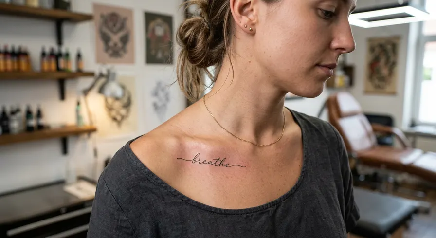 Tiny, fine-line script tattoo of the word 'breathe' on the collarbone. The tattoo is hand-lettered and delicate.