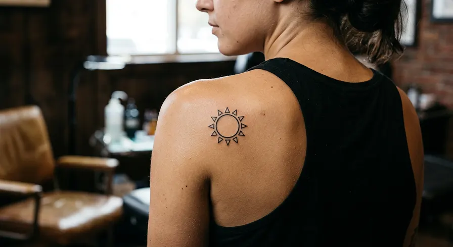 A small, geometric sun tattoo on the shoulder blade. The design is a simple blackwork outline with clean lines.