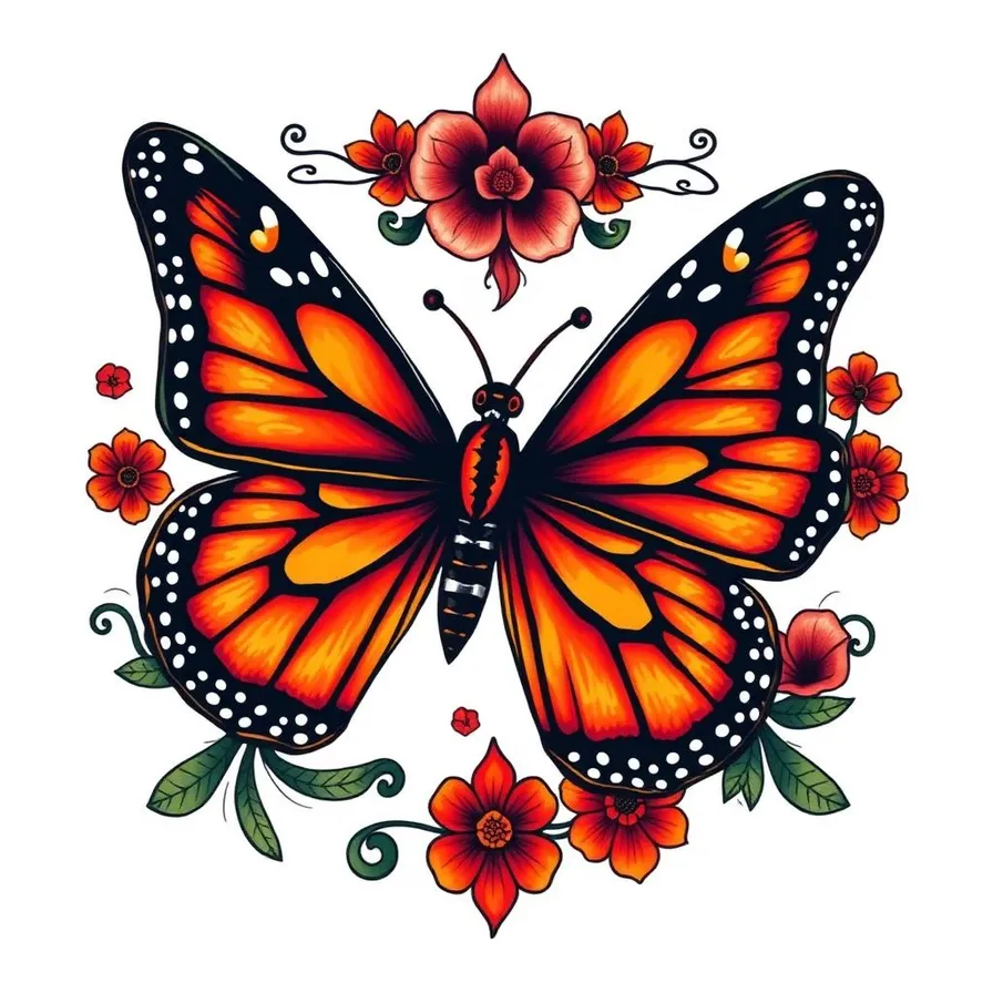Monarch butterfly tattoo design in Día de los Muertos Mexican folk art style