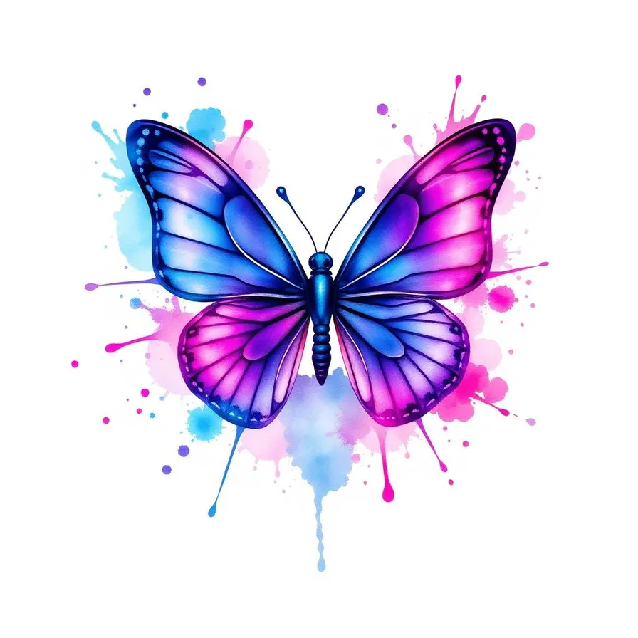 Watercolor butterfly tattoo design with vibrant blue purple and pink color washes