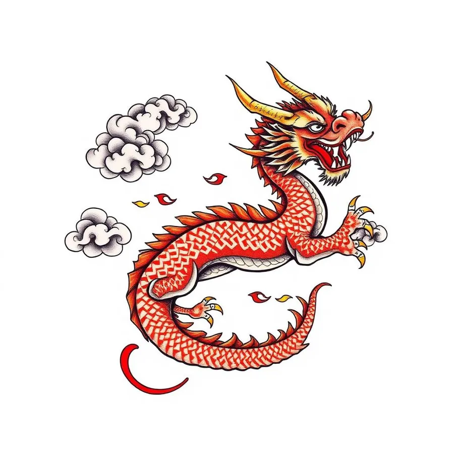 Chinese imperial five-clawed dragon tattoo design with cloud motifs