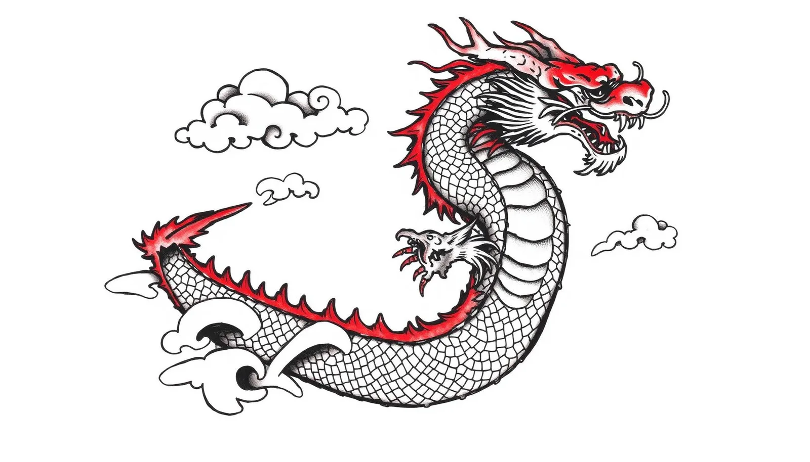 AI-generated Japanese dragon tattoo design coiling among clouds