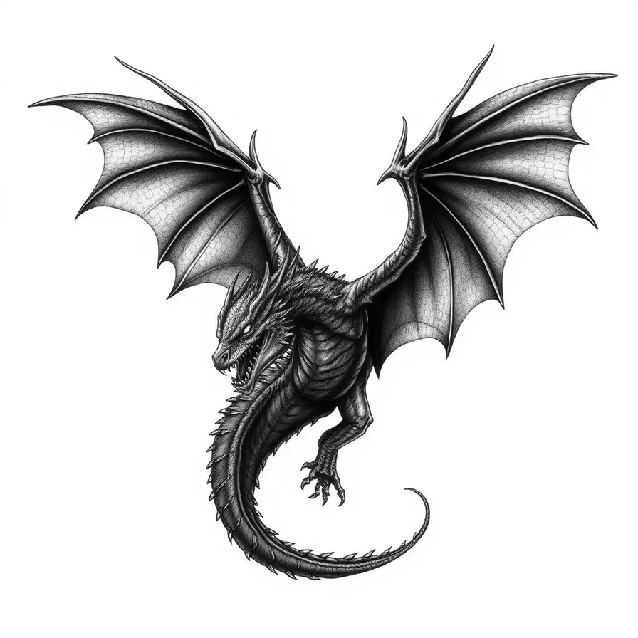 Realistic Western dragon tattoo design with detailed scales and wings