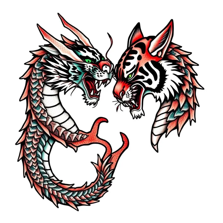 Dragon and tiger tattoo design in Japanese irezumi style facing each other