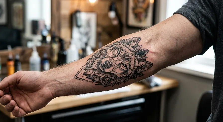 Bold blackwork geometric wolf head tattoo on a man's outer forearm with crystal details.