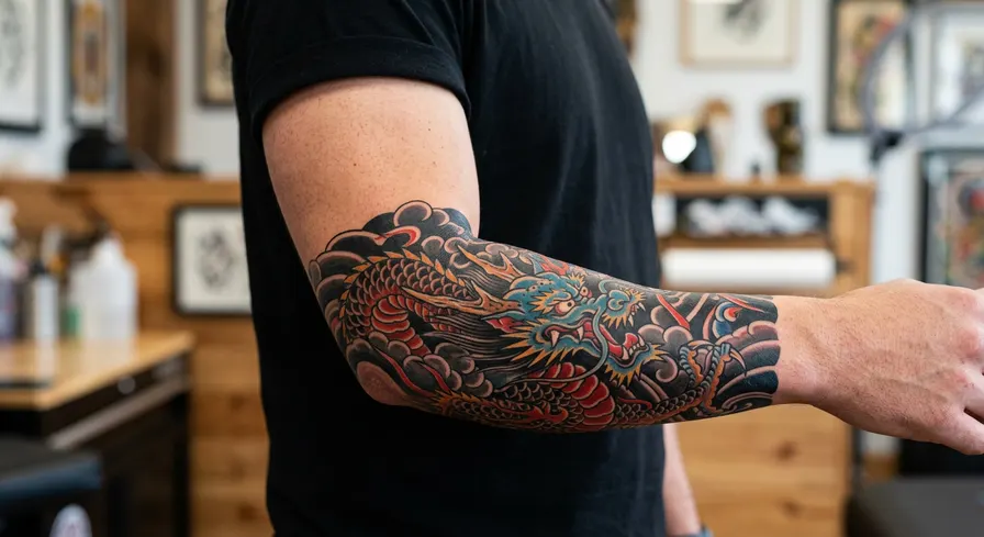 Colorful Japanese half-sleeve forearm tattoo of a dragon moving through clouds and waves.