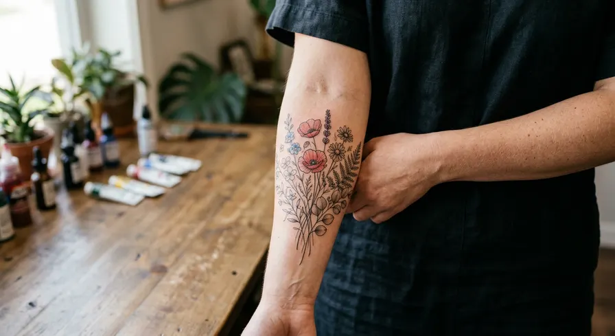 Feminine fine line botanical tattoo of wildflowers wrapping around a woman's forearm.