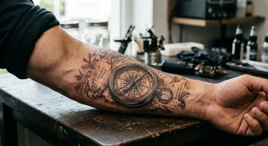 Black and grey realism tattoo of a compass and map on the forearm.