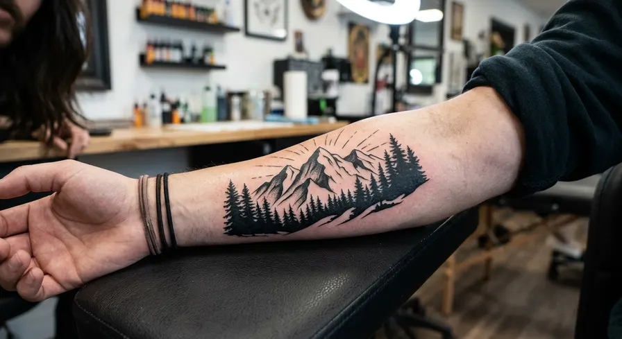Minimalist blackwork forearm tattoo of mountains and pine trees using negative space.