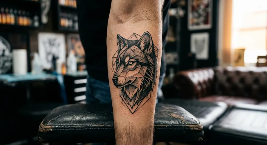 A medium-sized geometric wolf head tattoo on a person's forearm, featuring blackwork and dotwork shading.