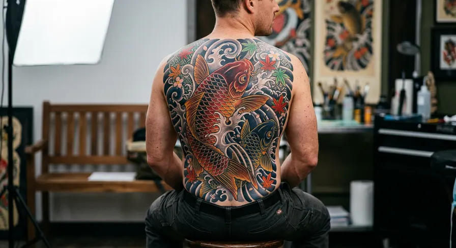 Expansive full back tattoo of a Japanese-style koi fish and water, in the colorful Irezumi tradition.