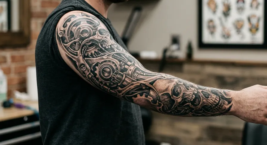 A full sleeve tattoo in black and grey, depicting a complex biomechanical design with gears and skulls.