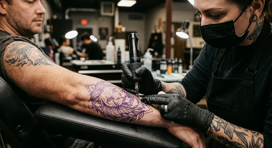 A tattoo artist's gloved hand holds a tattoo machine, applying a stencil to a client's arm before starting.