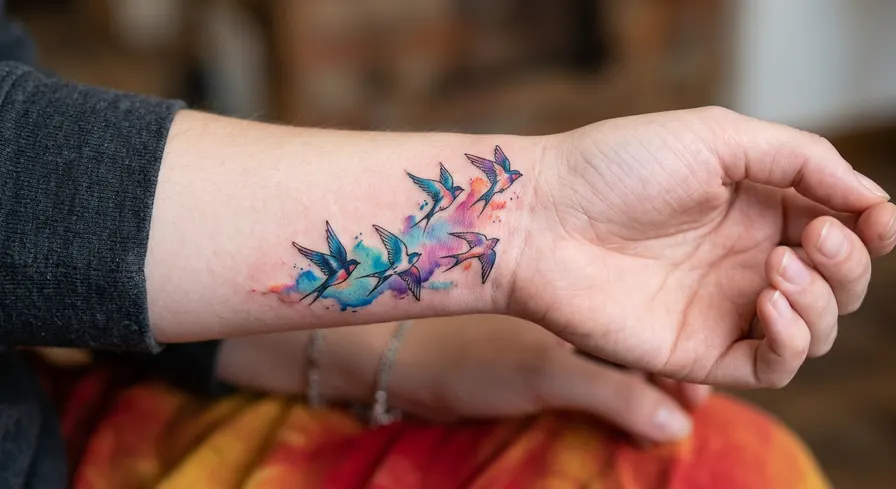 Small watercolor tattoo on a wrist, showing a flock of birds in silhouette against a colorful splash of ink.