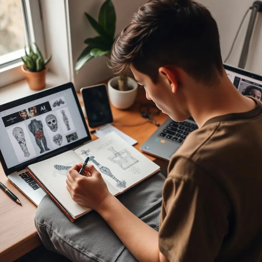 A young person sketching tattoo ideas in a notebook beside a laptop showing AI tattoo designs.