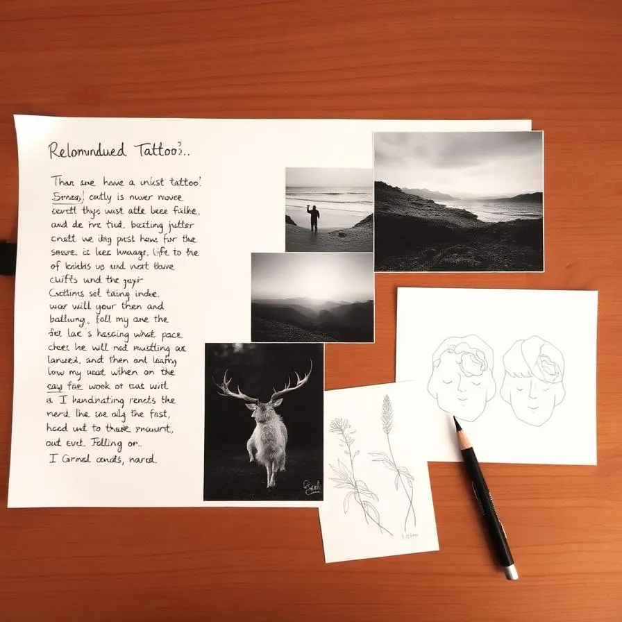 An overhead view of a mood board with handwritten keywords, reference photos and minimalist tattoo sketches.