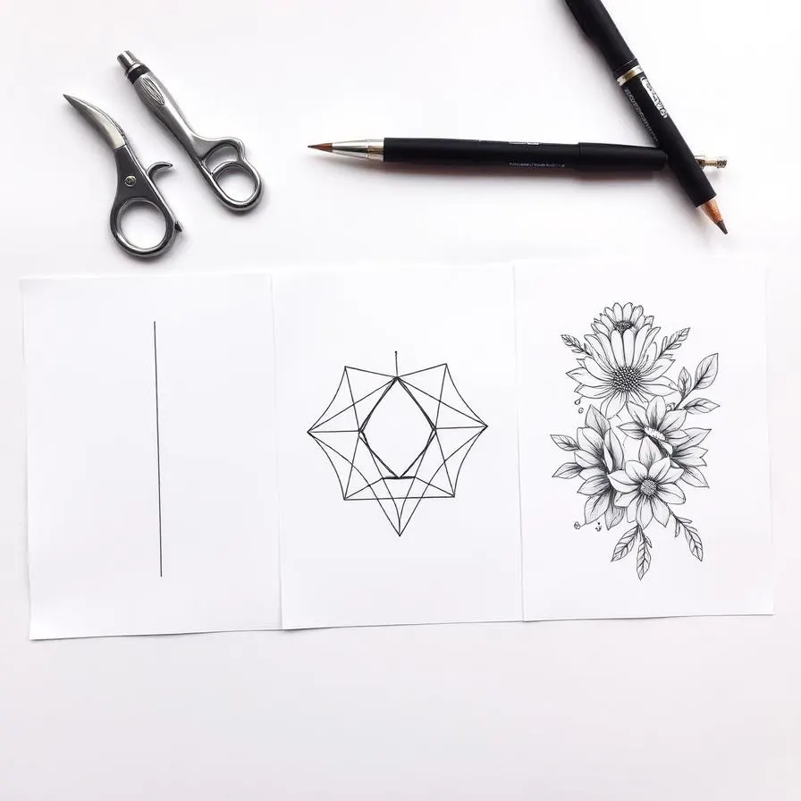 Three printed tattoo style examples side by side: minimalist line, geometric, fine line floral.
