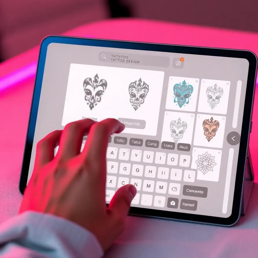 Hands typing a tattoo design prompt into an AI generator on a tablet with previews appearing.