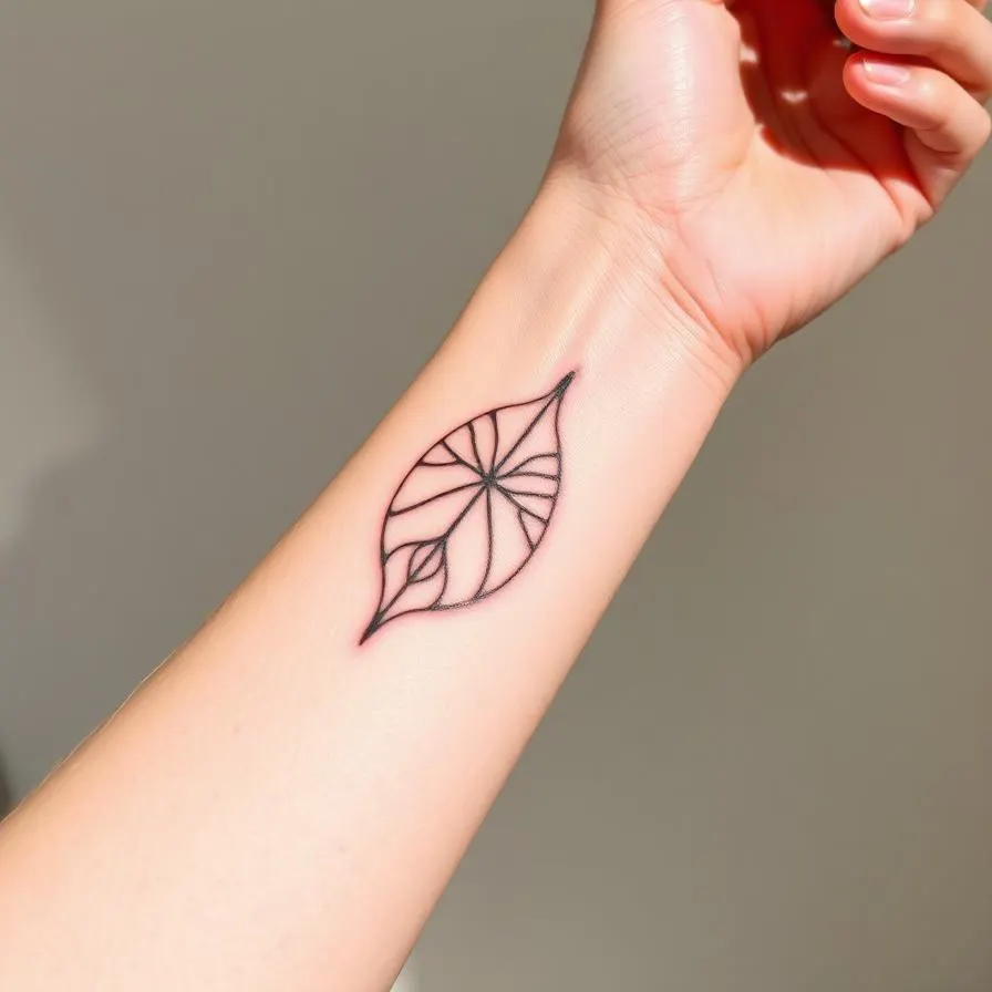 A printed AI-generated minimalist leaf tattoo held against a forearm to test placement.