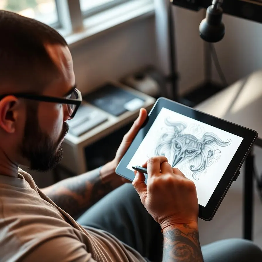 A tattoo artist refining an AI-generated design on a tablet with a stylus at a modern studio.