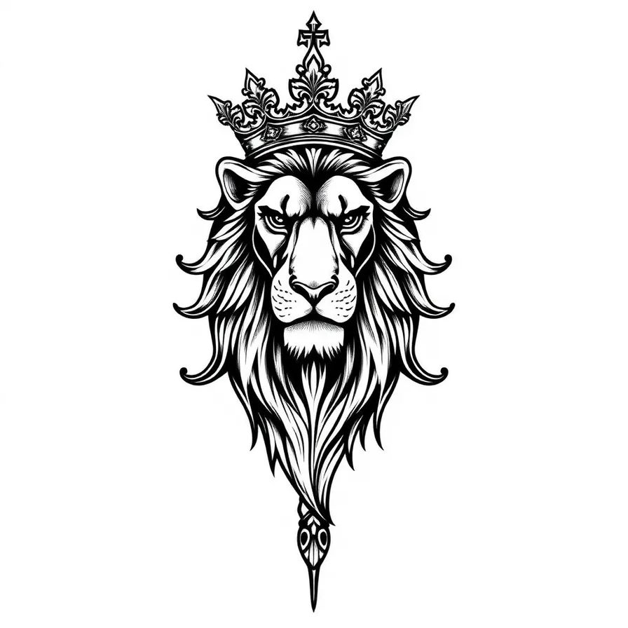 Lion of Judah tattoo design with crown and ornamental detailing