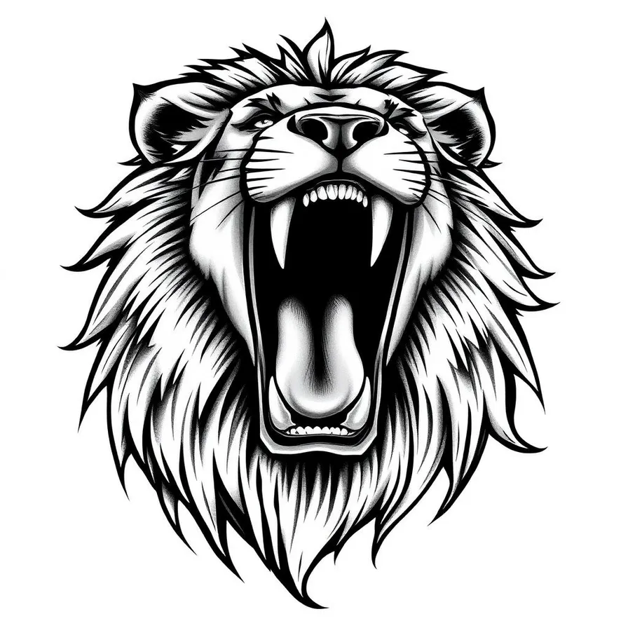 Roaring lion tattoo design with bared teeth in bold black and grey