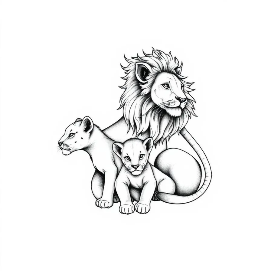 Lioness with two cubs tattoo design in fine line illustration symbolizing family