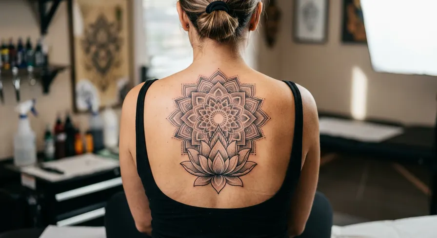 A dotwork mandala lotus flower tattoo in the center of a person's back, representing spiritual growth.