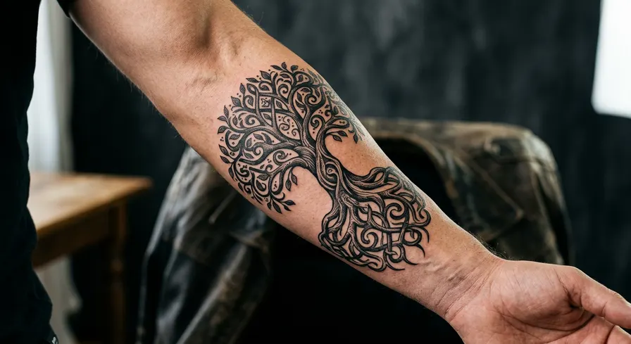 An intricate blackwork Tree of Life tattoo on a forearm, with detailed roots and branches.