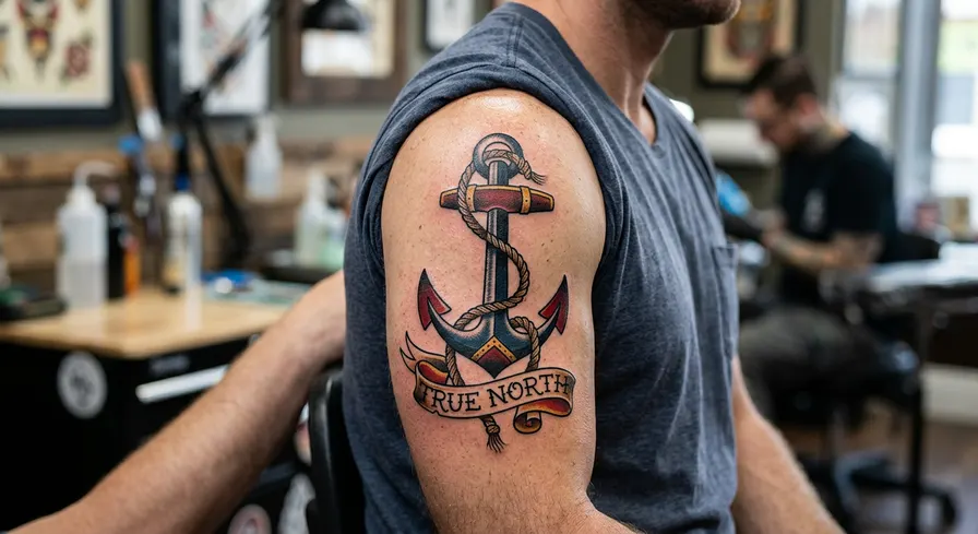 An American traditional style anchor tattoo on a bicep, with a rope and a blank banner.