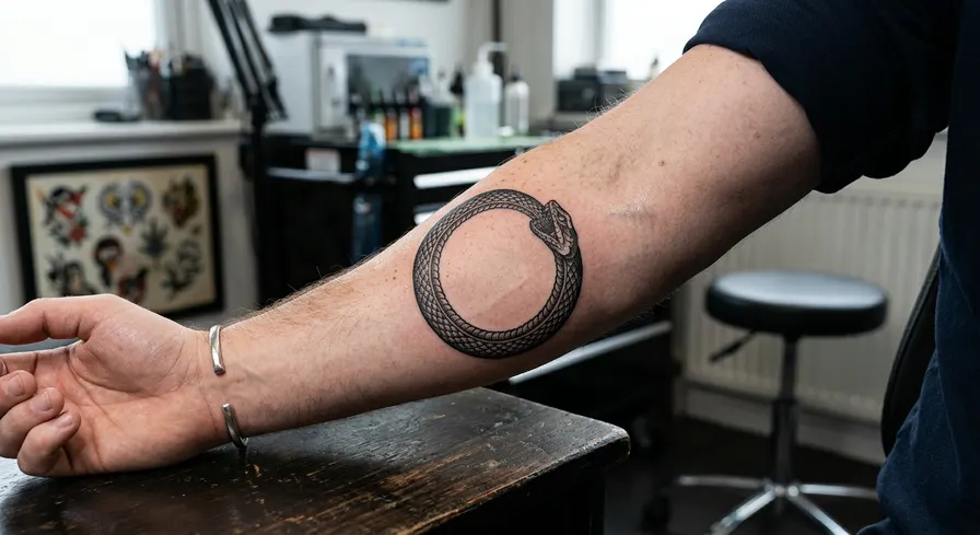 A blackwork ouroboros tattoo of a snake eating its tail in a circle on an inner arm.