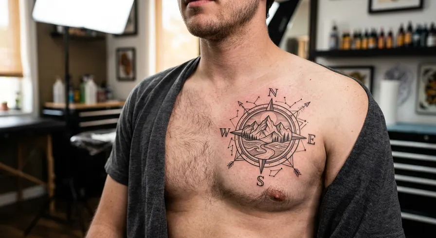 A fine-line geometric compass tattoo on a chest, with a mountain range inside, symbolizing a journey.
