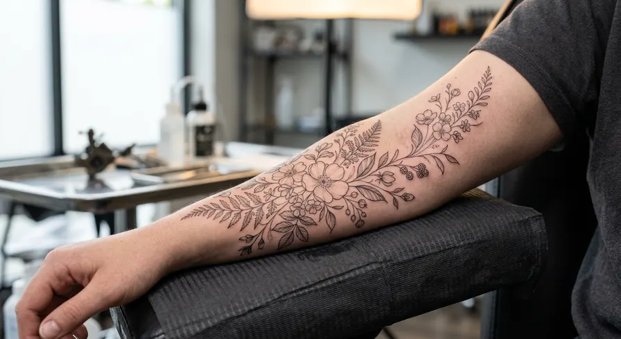 A highly detailed fine line floral tattoo on a forearm, featuring delicate flowers and leaves with soft, subtle shading.