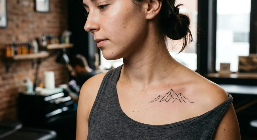 A simple minimalist tattoo of a mountain range outline on a person's collarbone, using clean geometric lines.