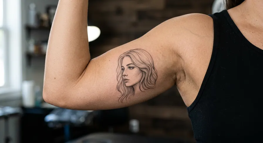 A photorealistic fine line portrait of a woman's face on the bicep, showcasing intricate details achieved with a single needle.
