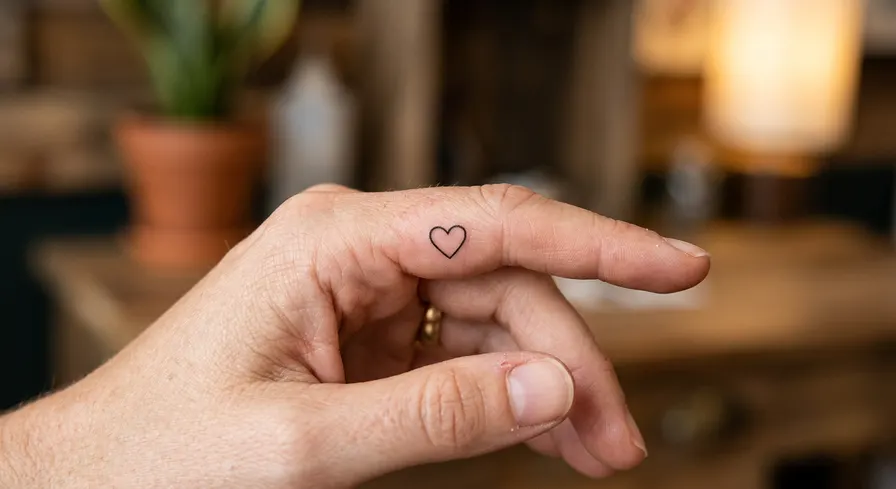 An ultra-simple minimalist heart outline tattoo on the side of a finger, created with a single, small black line.