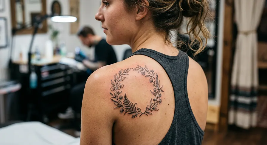 A delicate fine line botanical wreath tattoo on a shoulder blade, with intricate leaves and stems creating a detailed circular design.