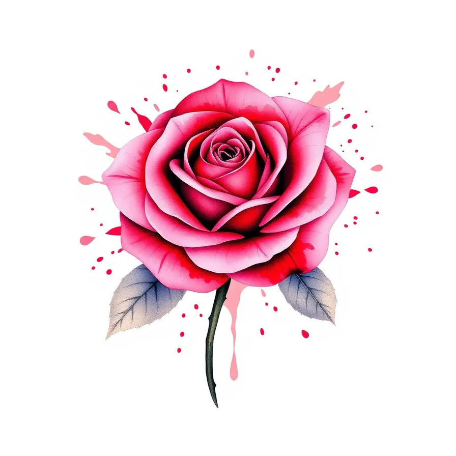 Watercolor rose tattoo design with vibrant pink and red color washes