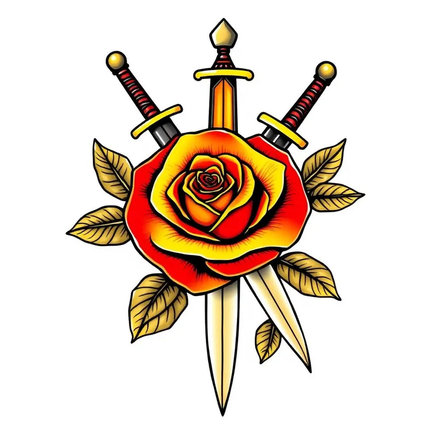 American Traditional rose and dagger tattoo design in Sailor Jerry style