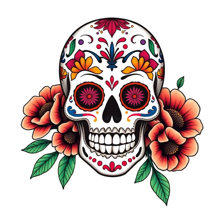 Sugar skull calavera tattoo design with marigolds in Día de los Muertos style