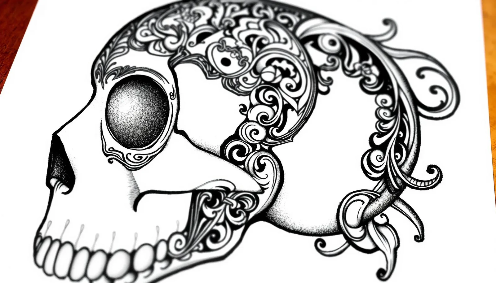 AI-generated detailed skull tattoo design with ornamental elements