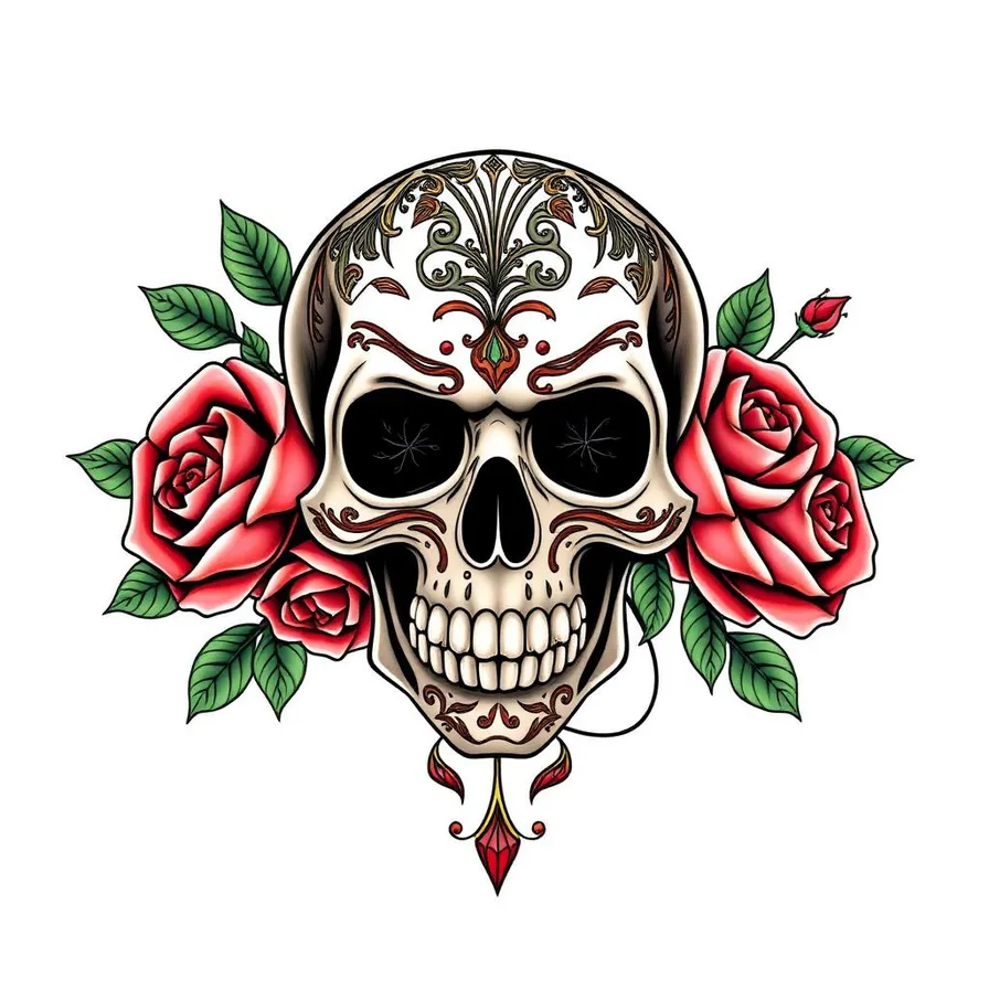 Neo-traditional skull and roses tattoo design with bold outlines and rich color