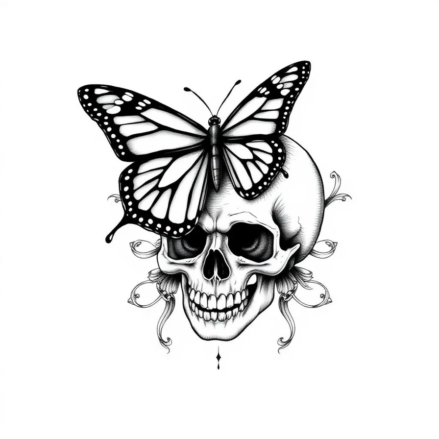 Skull with monarch butterfly tattoo design symbolizing transformation